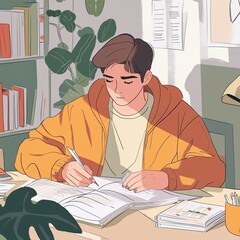 Young man studying at desk in sunlit room.