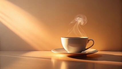 Obraz premium Warm morning sunlight illuminates a steaming cup of coffee on a saucer