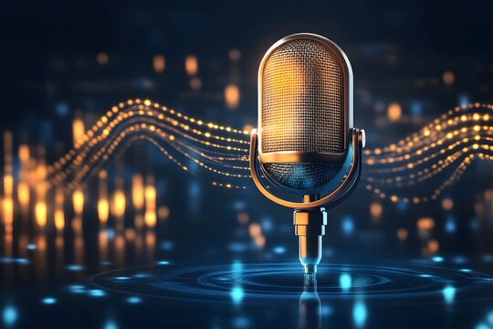 Floating neon mic surrounded by abstract swaying light streaks creating a serene podcast feel