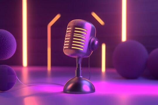 Floating neon mic surrounded by abstract swaying light streaks creating a serene podcast feel