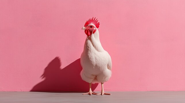 A Vibrant White Chicken Positioned Against a Pink Backdrop
