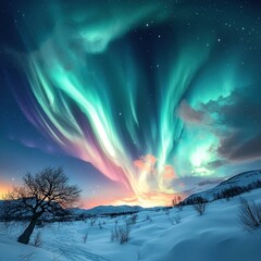 Vibrant aurora borealis illuminating snowy landscape at night.