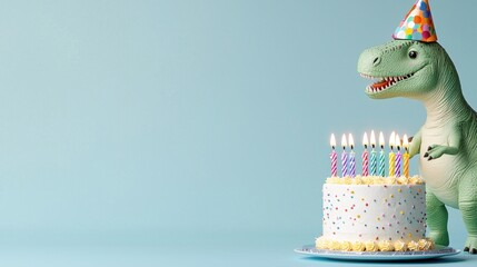 Dinosaur birthday cake celebration, pastel background