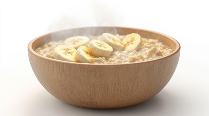 A bowl of steaming hot oatmeal, honey drizzle, banana slices, cozy atmosphere, soft light, 3D render, isolated on white background