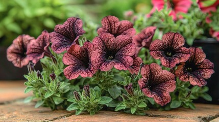 Vibrant close-up of dark petunia flowers blooming in a garden setting with lush greenery
