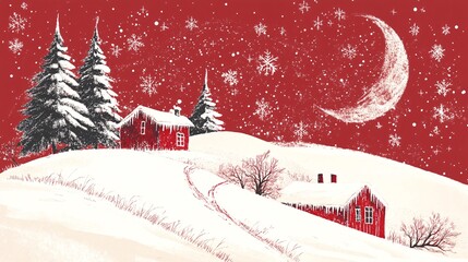 Red christmas cabins covered in snow under a red night sky