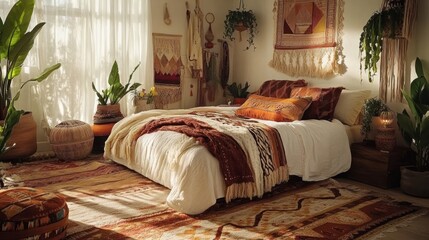 Cozy bohemian bedroom with plants and warm decor