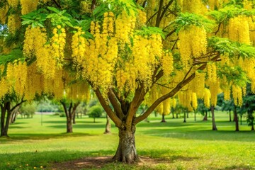 Fototapeta premium Golden Shower Tree in a Lush Green Park, Cascading Blossoms Adorn the Branches, Creating a Stunning Natural Display of Vibrant Yellow Flowers