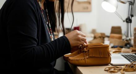 A woman is sewing a pair of moccasins