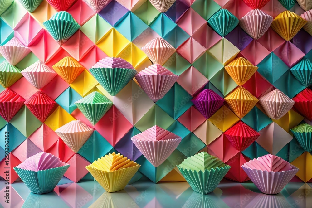 Wall mural vibrant geometric papercraft composition featuring colorful folded triangles and conical shapes arra