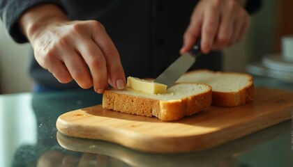 Spreading Butter on Fresh Bread for a Simple Breakfast Treat