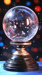 A beautifully crafted snow globe with shimmering particles against a vibrant, colorful bokeh background