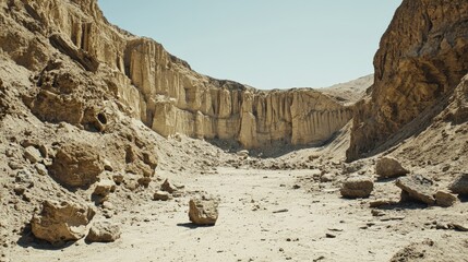 Serene desert canyon landscape with rocky formations and clear blue sky, ideal for exploration