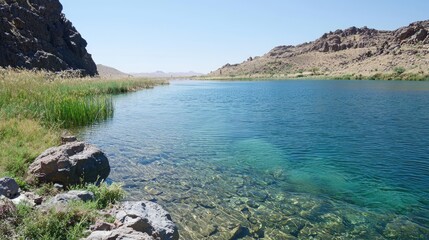 Serene lakeside view with clear water, rocky shores, and lush greenery under a bright sky