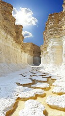 Stunning canyon landscape with white rock formations and a clear blue sky reflecting in water