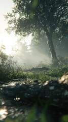 Serene forest scene with sunlight streaming through trees and mist, highlighting nature's beauty