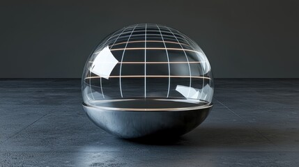 Transparent globe on a reflective surface showcasing a grid pattern in a minimalist space