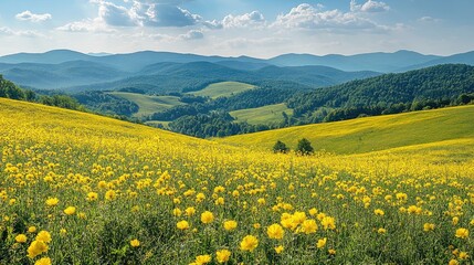 Vibrant yellow wildflower field in a serene valley, surrounded by rolling green hills under a bright sky