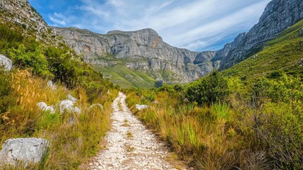 Scenic mountain trail winding through lush greenery under a clear blue sky