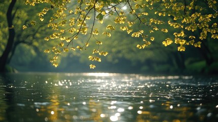 Tranquil river scene with sunlight filtering through green leaves, reflecting on the water's surface