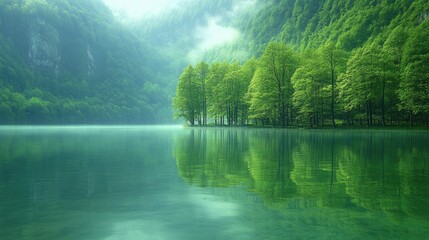 Serene lake surrounded by lush green trees and misty mountains reflecting in calm waters