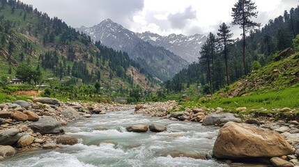 Scenic river flowing through lush green valley surrounded by majestic mountains and trees