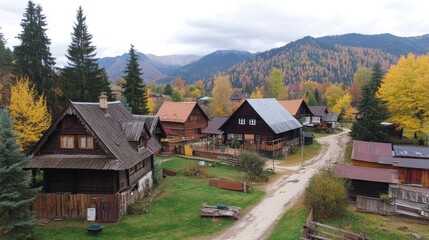 Obraz premium Mountain Village Autumnal Wooden Houses Scenic View
