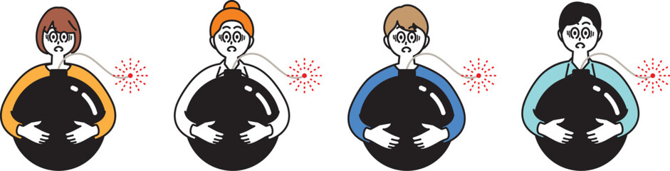 導火線に火のついた爆弾を持つ色々な男女