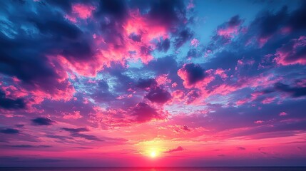 Vibrant sunset over the ocean with colorful clouds reflecting in the sky, serene atmosphere
