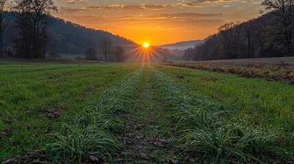 Serene sunrise over a lush green field with sun rays piercing through trees and misty hills