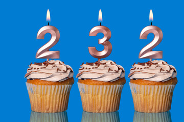 Birthday Cupcakes With Candles Lit Forming The Number 232.