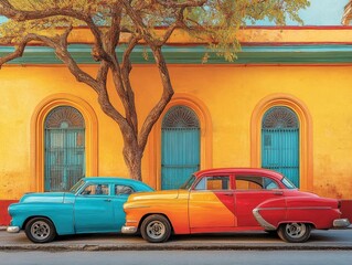 Fototapeta premium Classic Cars Parked by Colorful Building with Tree