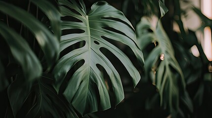 Lush green monstera leaves creating a vibrant backdrop in a serene indoor setting
