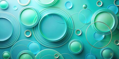 Abstract Teal and Mint Green Circular Composition with Overlapping Rings and Spheres