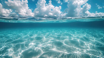 Clear turquoise ocean water under a bright sky with fluffy clouds, showcasing tranquil underwater scenery