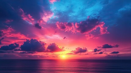 Vibrant sunset over the ocean with colorful clouds reflecting on the water's surface