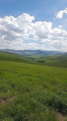 Expansive green landscape with rolling hills under a bright blue sky and fluffy clouds