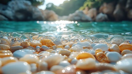 Close-up view of colorful pebbles submerged in clear water at a serene beach
