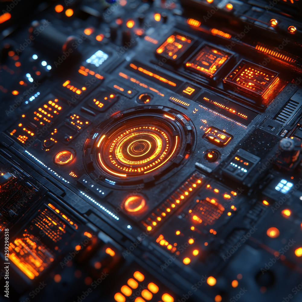 Wall mural futuristic computer interface with glowing orange elements