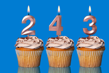 Birthday Cupcakes With Candles Lit Forming The Number 243.