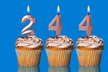 Birthday Cupcakes With Candles Lit Forming The Number 244.