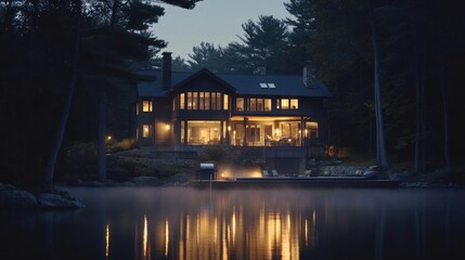 Fototapeta premium Lakeside Home Illuminated at Dusk A Serene Evening Scene