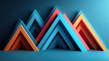 Colorful geometric mountains arranged in layers against a blue background, creating a vibrant atmosphere
