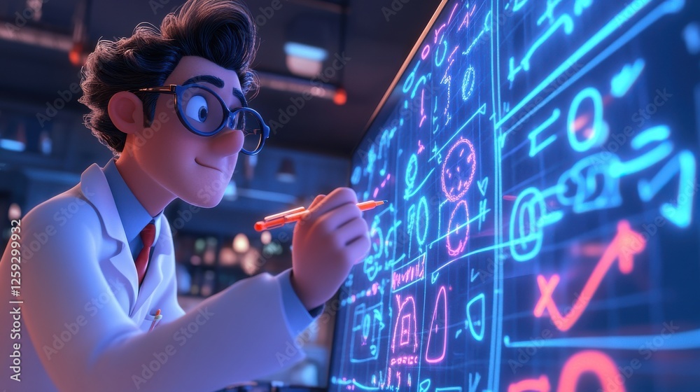 Poster scientist in lab coat analyzing data on digital screen with tech