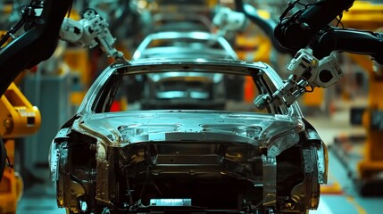 Fototapeta premium Automotive assembly plant. Featuring car assembly lines and robotic arms. Highlighting automotive manufacturing and industrial robotics. Ideal for automotive industry reports.