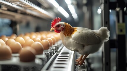 A chicken stands beside a row of eggs in a modern farming facility, showcasing the relationship between poultry and egg production.