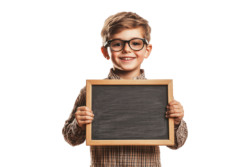 School boy with glasses holding a blank chalkboard with a smile isolated on white or transparent, PNG