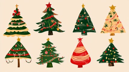Hand-drawn Christmas tree art. Featuring various artistic interpretations and creative designs. Ideal for holiday artwork.