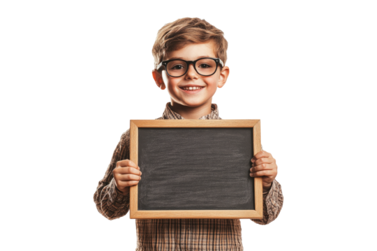 School boy with glasses holding a blank chalkboard with a smile isolated on white or transparent, PNG