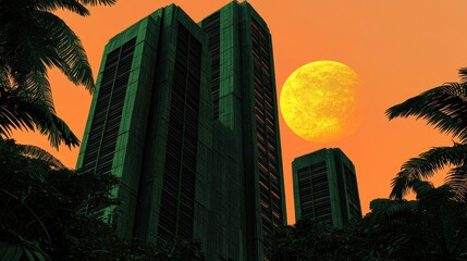 Tall green skyscrapers under orange sky with large sun at dusk